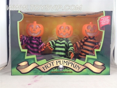 Three pumpkin dancing people