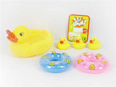 Large duck with three ducklings, with two buoys, with BB calls