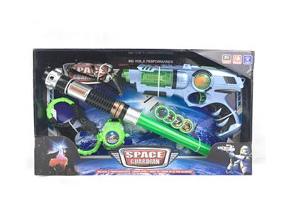 Space gun, telescopic lightsaber, launcher, handcuffs, glasses.