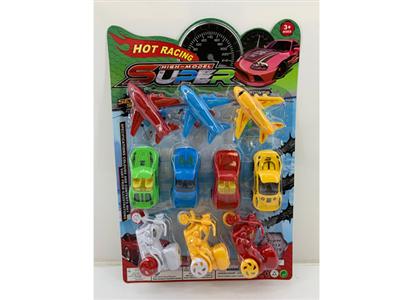 3 pullback aircraft + 3 pullback motorcycles + 4 pullback cars