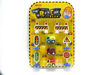 Pull back engineering vehicle with road sign