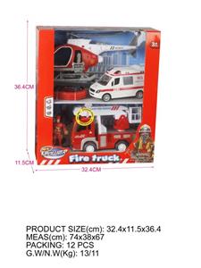 Window box (fire series) inertial fire truck with IC package. Pull back police car, large plane, ship, fireman and other accessories