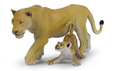 Walking mother and child lion