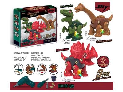 3 slide and disassemble dinosaurs with light sound (Triceratops+Brachiosaurus+Raptors).