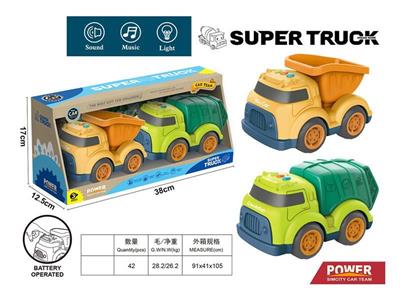 Cartoon sliding engineering vehicle with light and music (dirt truck + sanitation truck)