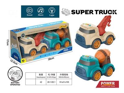 Cartoon sliding engineering vehicle with light and music (crane + mixer truck)