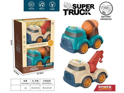 Cartoon sliding engineering vehicle with light and music (crane + mixer truck)