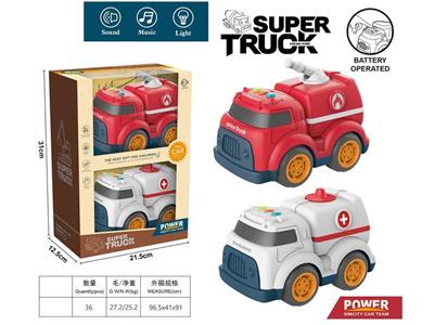 Cartoon sliding engineering vehicle with light and music (medical vehicle + fire truck)