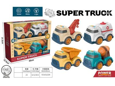 卡通滑行工程车套装带灯光音乐(吊车+医务车+泥土车+搅拌车)
